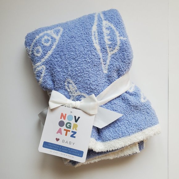 BNWT NOVOGRATZ Spaceships Blue White Soft Fuzzy Reversible Baby Blanket science - Picture 2 of 6